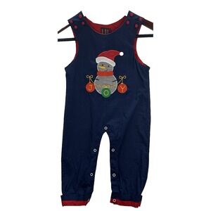 Lil Cactus Boy Overalls Size 2T Christmas Joy Snowman Blue Red Holiday (flaw)